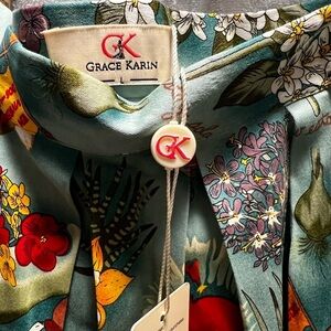 Grace Karin Teal Floral Printed Skirt with Red & Yellow Accents